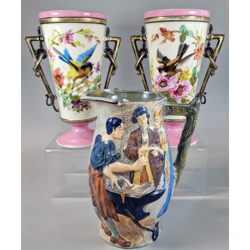 2 - Pair of of late 19th century aesthetic design opaline glass tapering vases, hand painted with birds ... 