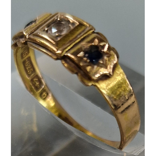 201 - Edwardian 15ct gold three stone ring. 2.6g approx. Size P.  (B.P. 21% + VAT)