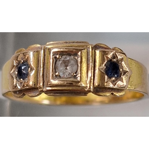 201 - Edwardian 15ct gold three stone ring. 2.6g approx. Size P.  (B.P. 21% + VAT)