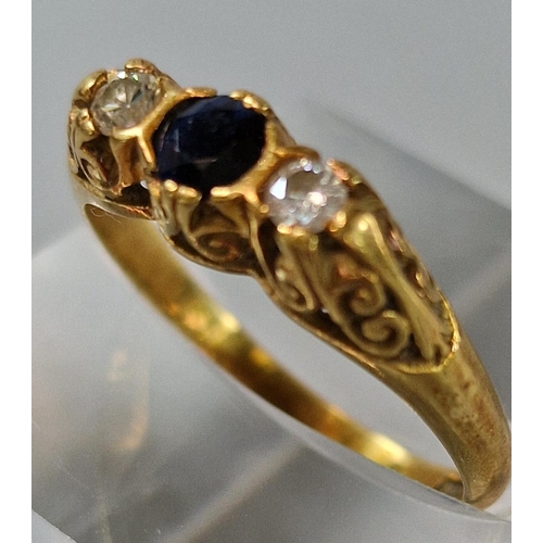 203 - 18ct gold diamond and sapphire three stone ring. 3.5g approx. Size M.  (B.P. 21% + VAT)