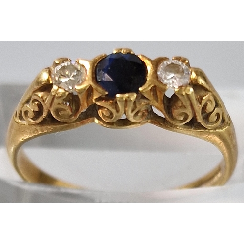 203 - 18ct gold diamond and sapphire three stone ring. 3.5g approx. Size M.  (B.P. 21% + VAT)