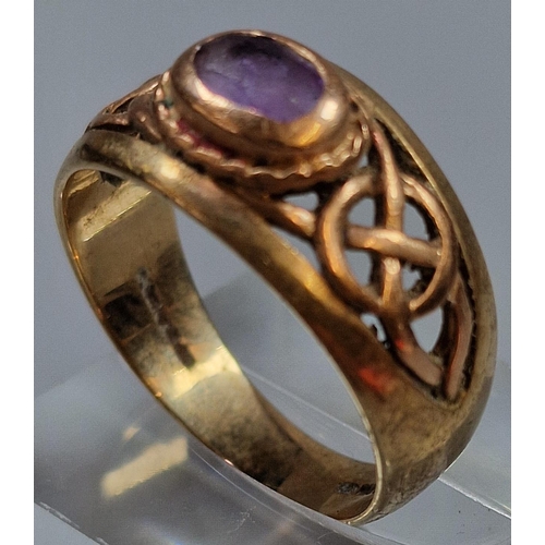 210 - Clogau Celtic gold and amethyst ring. 6g approx. Size S.  Possibly 14ct. Hallmarks very grubby and i... 