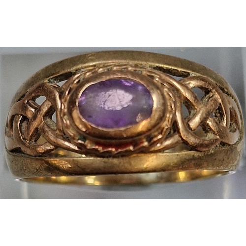 210 - Clogau Celtic gold and amethyst ring. 6g approx. Size S.  Possibly 14ct. Hallmarks very grubby and i... 