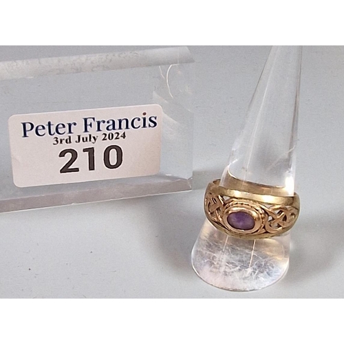 210 - Clogau Celtic gold and amethyst ring. 6g approx. Size S.  Possibly 14ct. Hallmarks very grubby and i... 