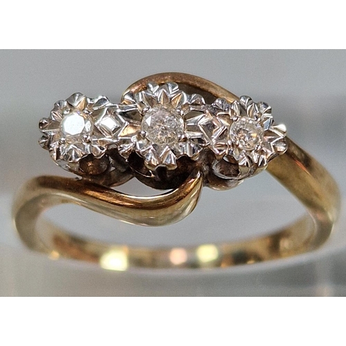 212 - 9ct gold three stone diamond twist shank ring. 3.8g approx. Size M1/2.  (B.P. 21% + VAT)