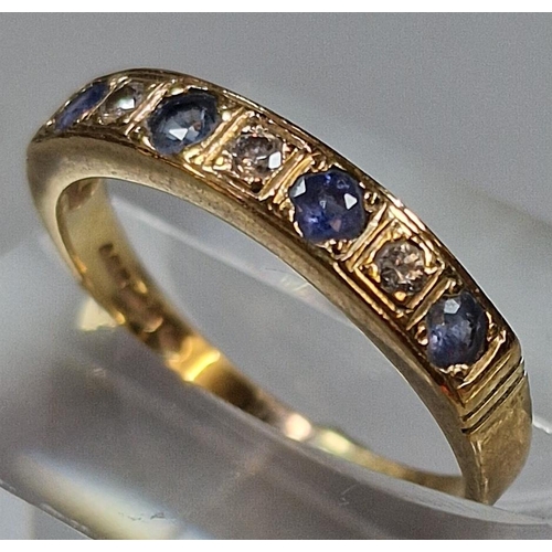 214 - Gold seven stone diamond and sapphire half eternity style ring. 2g approx. Size M. Grubby and illegi... 