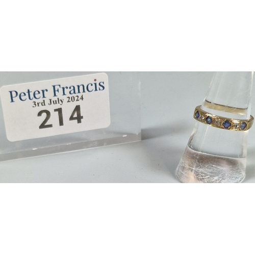 214 - Gold seven stone diamond and sapphire half eternity style ring. 2g approx. Size M. Grubby and illegi... 