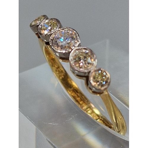 215 - 18ct gold and platinum five stone diamond ring (central stone does not test as a diamond). 2.5g appr... 