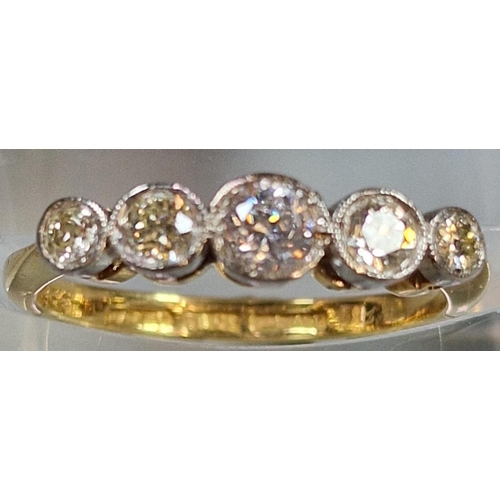 215 - 18ct gold and platinum five stone diamond ring (central stone does not test as a diamond). 2.5g appr... 