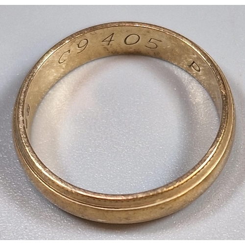 216 - 9ct gold wedding band, 3.4g approx. Ring size O (B.P. 21% + VAT)