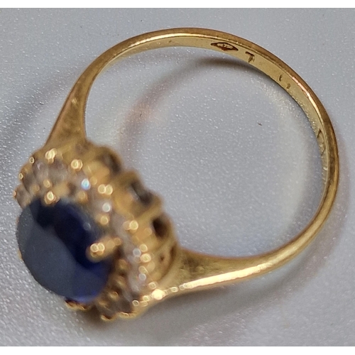 218 - 18ct gold sapphire and white stone cluster ring, 3g approx. Ring size M (B.P. 21% + VAT)