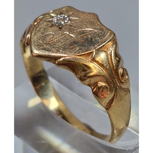 220 - 9ct gold shield shaped signet ring with tiny diamond chip, 3.9g approx. Ring size W (B.P. 21% + VAT)