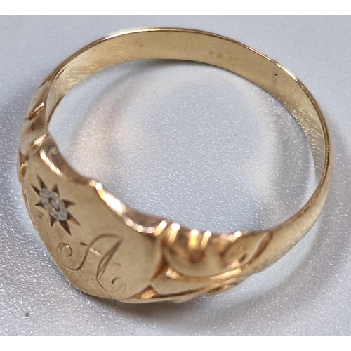 220 - 9ct gold shield shaped signet ring with tiny diamond chip, 3.9g approx. Ring size W (B.P. 21% + VAT)