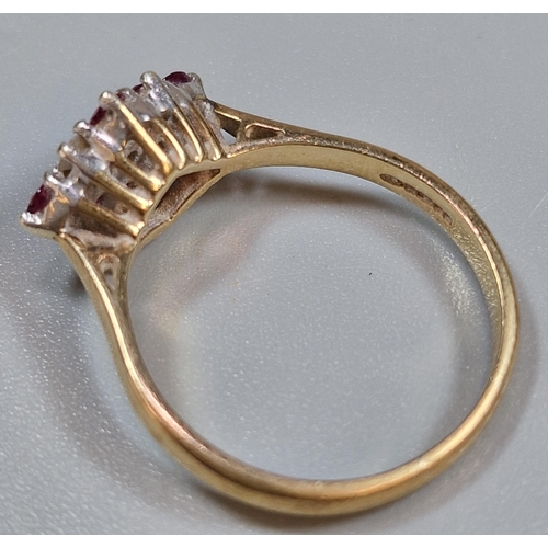 223 - 9ct gold diamond and red stone lozenge shaped ring, 3.3g approx. Ring size Q 1/2 (B.P. 21% + VAT)