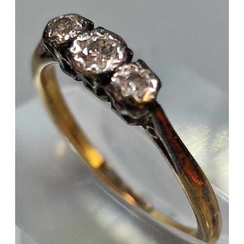 225 - Gold, three stone diamond ring. (Grubby and illegible hallmarks) 2g approx. Ring size M 1/2 (B.P. 21... 