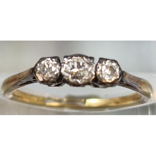 225 - Gold, three stone diamond ring. (Grubby and illegible hallmarks) 2g approx. Ring size M 1/2 (B.P. 21... 