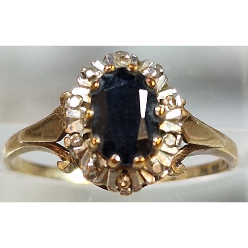 226 - 9ct gold diamond and sapphire cluster ring, 2g approx. Ring size M 1/2 (B.P. 21% + VAT)