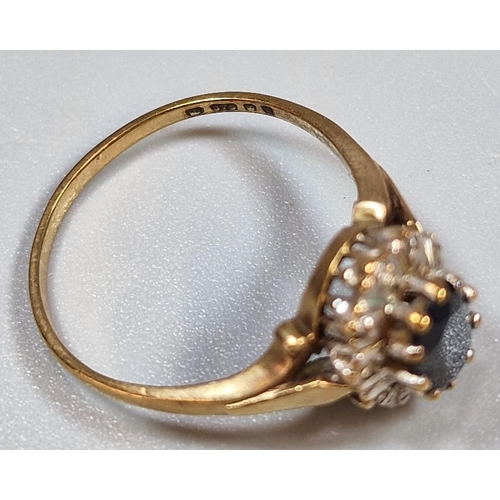 226 - 9ct gold diamond and sapphire cluster ring, 2g approx. Ring size M 1/2 (B.P. 21% + VAT)