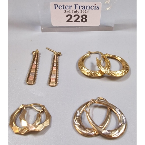 228 - Collection of 9ct gold hoop and other earrings, 5.8g approx. (B.P. 21% + VAT)