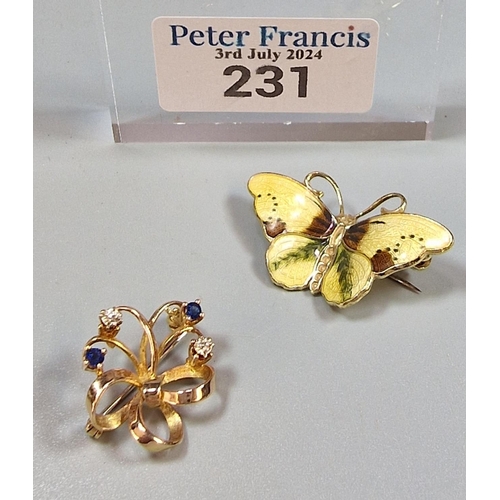 231 - Norwegian sterling silver gilt and enamel butterfly brooch, marked 'Sterling 925S Norway', together ... 