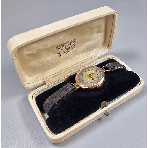 235 - Vintage 9ct gold ladies' wristwatch with silvered Arabic dial and leather strap. Boxed. (B.P. 21% + ... 