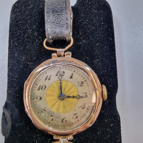 235 - Vintage 9ct gold ladies' wristwatch with silvered Arabic dial and leather strap. Boxed. (B.P. 21% + ... 