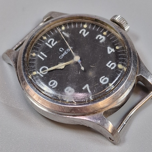 236 - Omega military steel wristwatch with black Arabic face having sweep second hand, and marked A.M. 6B/... 