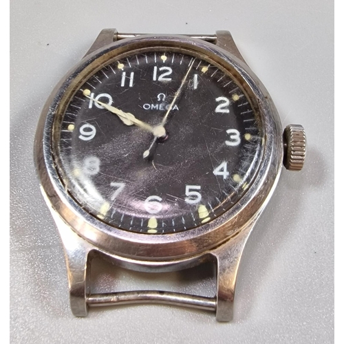 236 - Omega military steel wristwatch with black Arabic face having sweep second hand, and marked A.M. 6B/... 