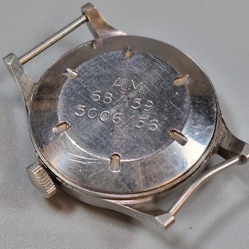 236 - Omega military steel wristwatch with black Arabic face having sweep second hand, and marked A.M. 6B/... 