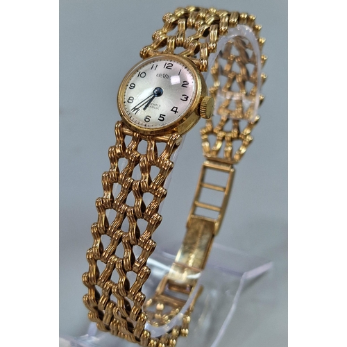 242 - Gradus 9ct gold ladies' bracelet wristwatch with satin face having Arabic numerals and pierced gate ... 