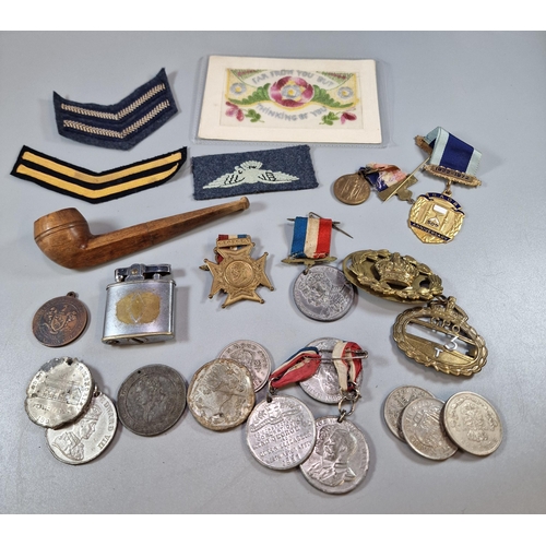 249 - Tub of medals, medallions, coins, cap badge, pipe lighter, WWI silk postcard etc. (B.P. 21% + VAT)