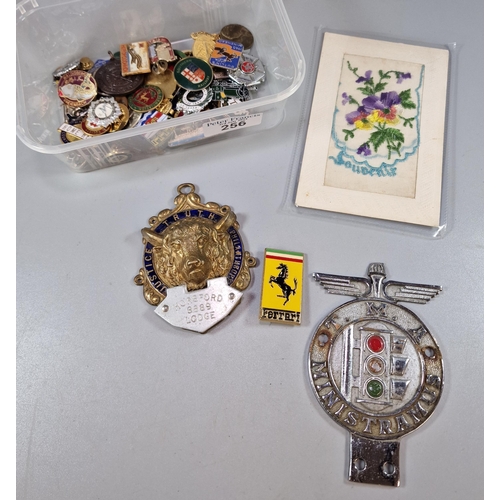 256 - Collection of enamel and other badges, Butlins 1965 etc., large RAOB medal, Horsford Lodge TMA car b... 