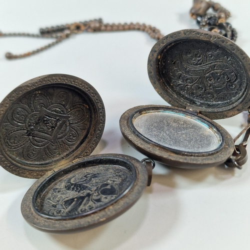 258 - Two Victorian mourning lockets, together with T-Bar metal and Whitby jet chain (B.P. 21% + VAT)