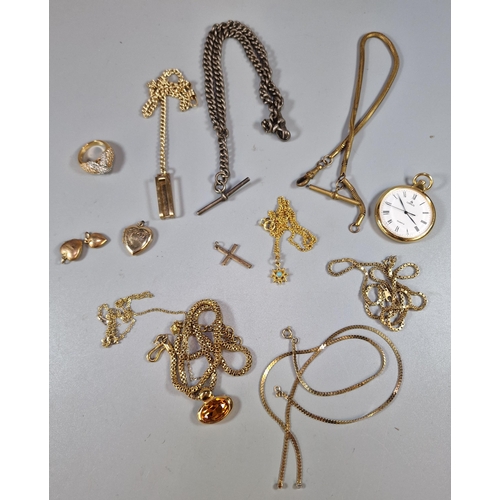 262 - Tin box of jewellery to include: gold-plated chains, dress ring, Lorus open-faced pocket watch, 9ct ... 