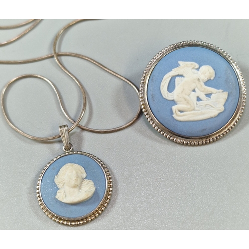 272A - Wedgwood 'Jasperware' blue and white portrait pendant on silver chain together with a matching brooc... 