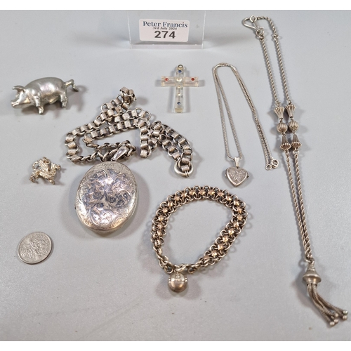 274 - Collection of silver, white metal and other jewellery to include: engraved locket on chain, chain wi... 