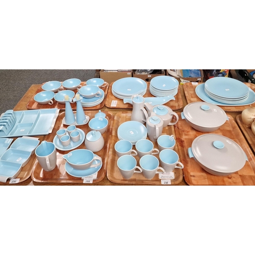 288 - Seven trays of Poole Pottery 'Twintone' sky blue/dove grey dinner and tea ware items to include: cup... 