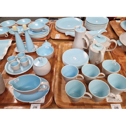 288 - Seven trays of Poole Pottery 'Twintone' sky blue/dove grey dinner and tea ware items to include: cup... 