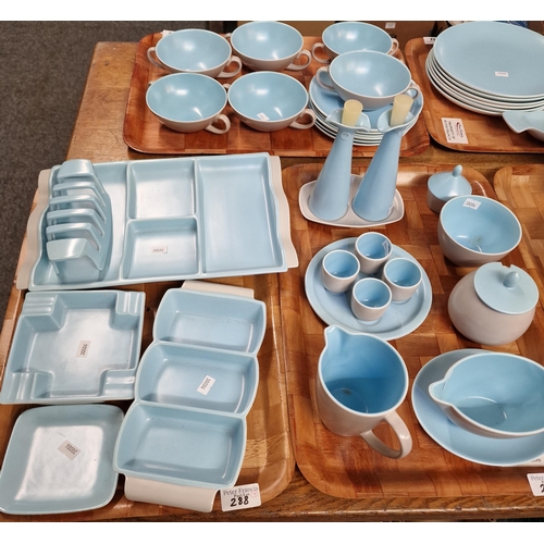 288 - Seven trays of Poole Pottery 'Twintone' sky blue/dove grey dinner and tea ware items to include: cup... 