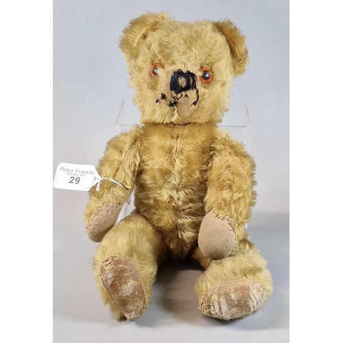 29 - Vintage Mohair teddy bear with moveable limbs, glass eyes, stitched nose, padded arms and feet with ... 