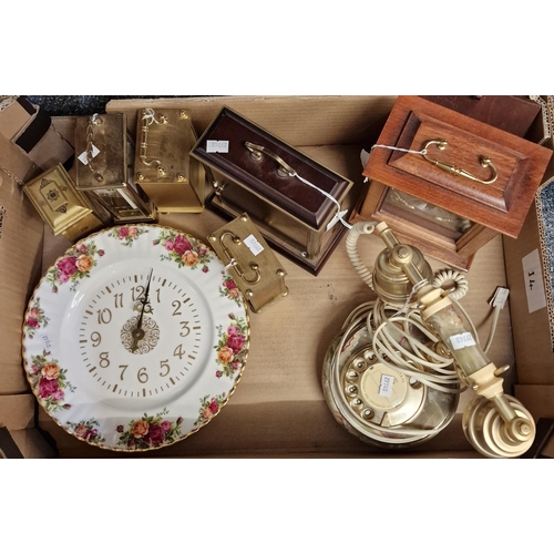 295 - Collection of modern mantle and carriage clocks, Royal Albert Old Country Roses wall clock and an on... 