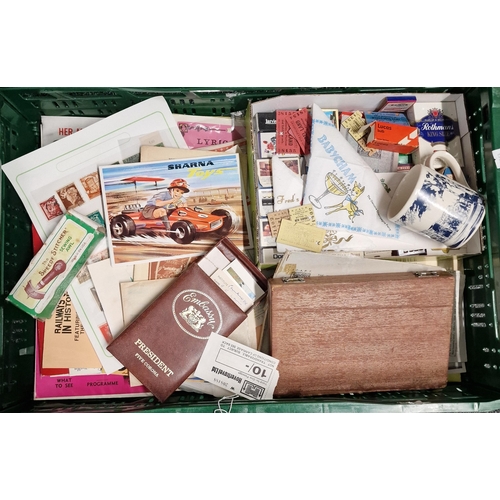 296 - Crate of ephemera and other items to include: 'The Speedy Stitcher Sewing Awl' in original box, vari... 