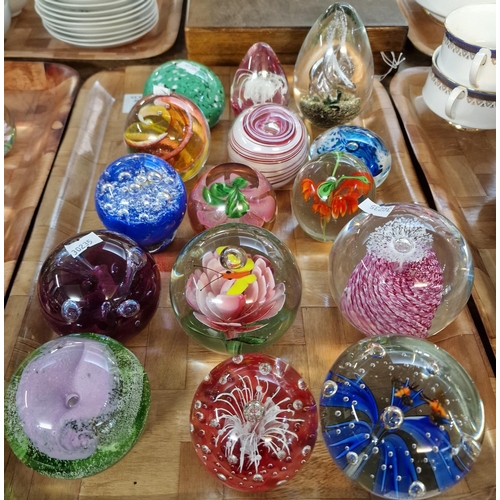 305 - Collection of glass paperweights, varying designs including: Laugharne, mushrooms, fruit designs, Ca... 