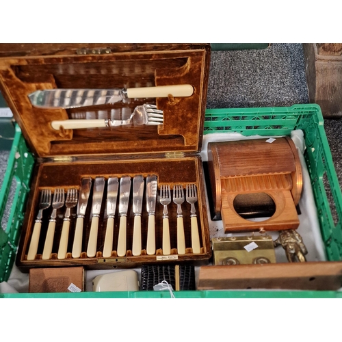 315 - Box of oddments to include: cased knife and fork set, brass Miner with coal truck/cart, tambour fron... 