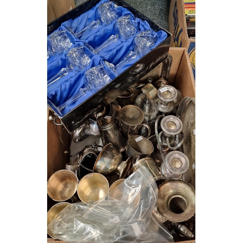 319 - Box of assorted silver plate to include: goblets, trays, teaware, candelabra, together with a set of... 