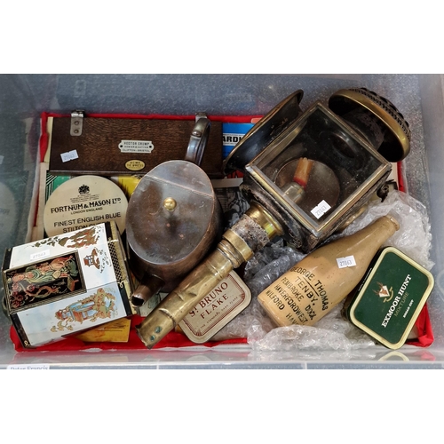 321 - Box of oddments to include: carriage lamp, George Thomas Tenby, Pembroke Dock, Haverfordwest and Mil... 