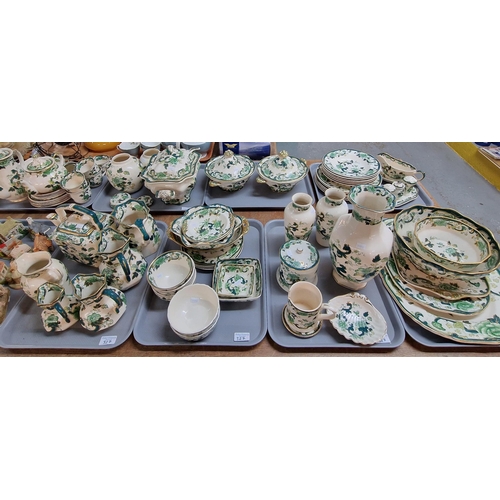 327 - Eight trays of Masons 'Chartreuse' pattern items to include: coffee pot, teapot, cups, saucers, ture... 