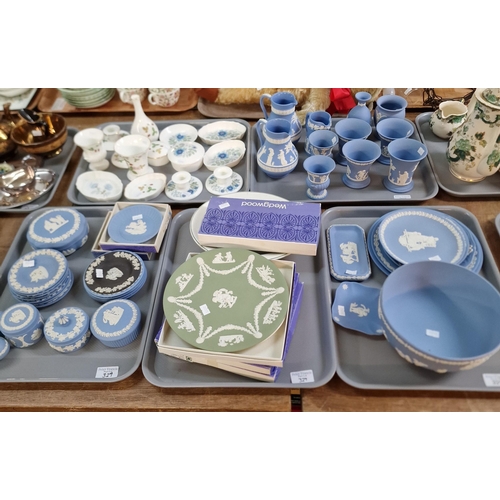 329 - Five trays of Wedgwood items to include: various blue and white and other Jasperware: bowls, plates,... 