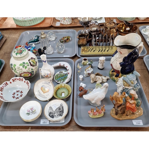 330 - Four trays of ceramics, glass and metalware to include: resin figure group of Mary, Joseph and the B... 