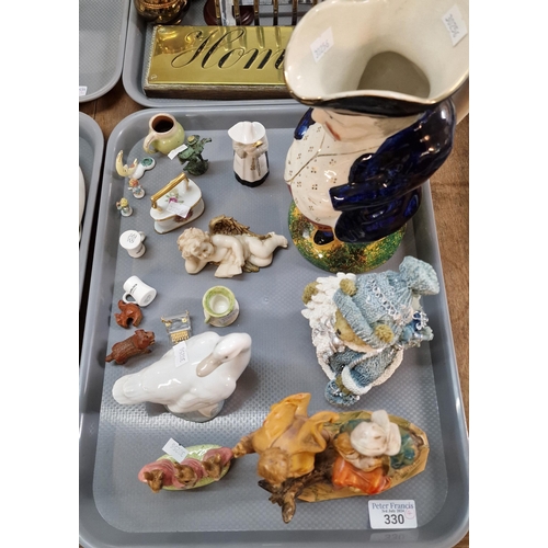 330 - Four trays of ceramics, glass and metalware to include: resin figure group of Mary, Joseph and the B... 